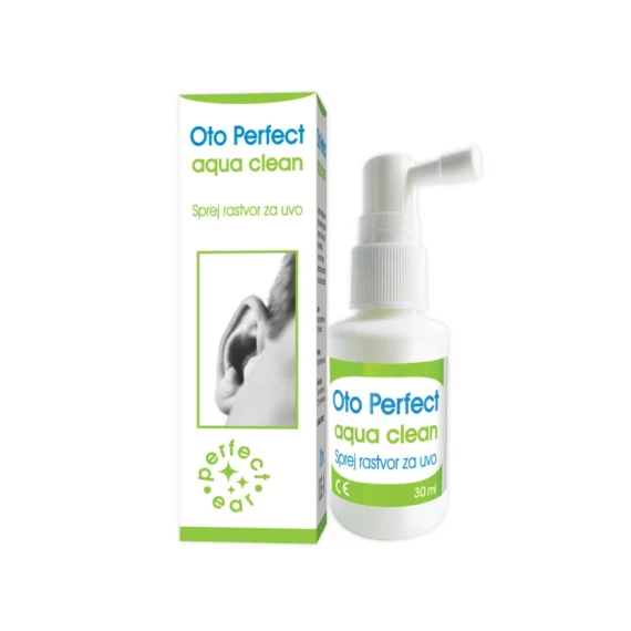 Спрејот Oto Perfect Aqua Clean е формулиран на база на водороден пероксид, кој може да се користи како ефикасно средство за плакнење на ушниот канал, омекнување и отстранување на ушната маст, како и формирање церуминозен чеп