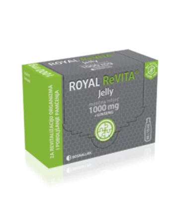 ROYAL ReVITA Jelly е комбинација од матичен млеч и женшен, растение со стимулирачки својства. Оваа комбинација е наменета за употреба во состојби на голема физичка и ментална исцрпеност.