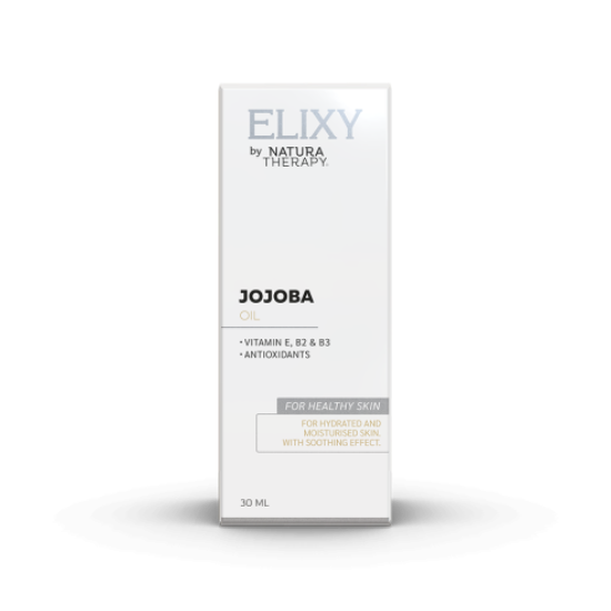 ELIXY JOJOBA oil Масло од Јојоба  ELIXY Jojoba oil претставува еден вид на течен восок кој се добива со ладно цедење на семки од јојоба.  Богат е со витамин Е кој спречува предвремено стареење на кожата и витамини од групата Б кои го намалуваат воспалението на кожата и помагаат при заздравување на рани. Ја храни, ревитализира и хидрира и најсувата кожа, а се користи и за подобрување на структурата на косата, ја прави мека и сјајна.