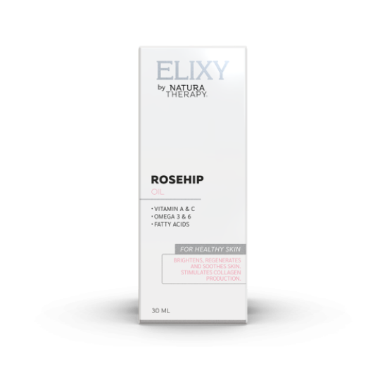 ELIXY Rosehip масло e  масло добиено со пресување на семе од шипка.Моќен извор на витамин А и Ц, богато со масни киселини, омега-3 и омега-6, кои помагаат за еластичноста, текстурата и изгледот на кожата. Длабински ја хидрира кожата, го намалува воспалението, ја осветлува кожата , го поттикнува создавањето на колагенот , избледување на какви било лузни на лицето и телото и истивремено обезбедува природен и свиленкаст сјај на кожта.
