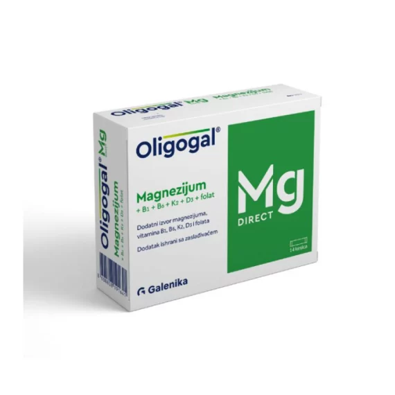 Oligogal Mg Direct 14 кесички за намалување на замор и исцрпеност, го помага функционирањето на мускулите, коските, срцето, имунолошкиот и нервниот систем. Магнезиумот и витаминот Д придонесуваат за нормална функција на мускулите и коските.