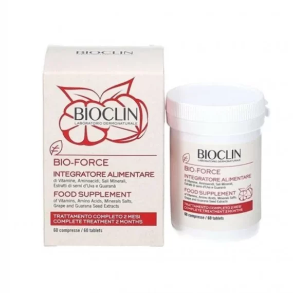 Bioclin Bio-Force Food Supplement x60 е идеален за проретчена коса или оштетена коса бидејќи се справува со опаѓањето на косата и го стимулира растот на косата. Згора на тоа, длабоко ги храни и зајакнува косата и ноктите за да бидат посилни и поздрави. Благодарение на витаминскиот комплекс (вклучувајќи витамини Б6, Б5 и биотин) присутен во неговата формула, овој додаток на храна ја штити сијалицата на косата од слободните радикали и целосно ја реструктуира. Понатаму, минералите како што се цинкот и бакарот обезбедуваат капиларна реминерализација што дава подобрена отпорност и осветленост на косата. Во исто време, екстрактите од семе од грозје и гуарана делуваат како антиоксиданти и ја поттикнуваат капиларната микроциркулација.