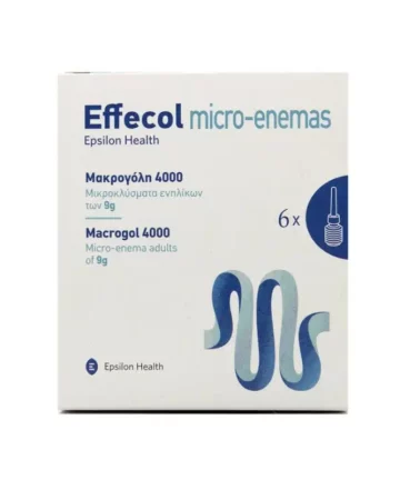 Effecol Micro-Enemas е медицинско помагало за ректална употреба, во форма на микроклизма со полиетилен гликол (macrogol 4000) за олеснување на празнењето на цревата во случај на запек. Макрогол 4000 е инертен полимер, кој ја задржува водата во столицата, помага во омекнување и го поттикнува празнењето, без да ја иритира слузокожата. Микро-клизма Со макрогол 4000 Третира запек Медицински уред За возрасни