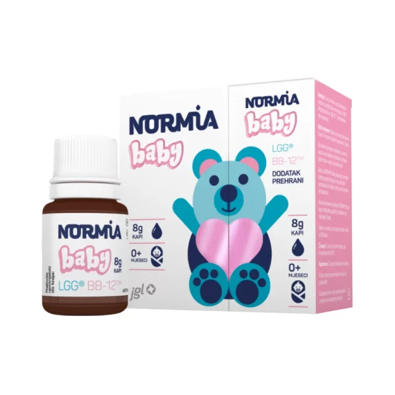Normia Baby капки за бебиња 8g. Капките за бебиња Normia се со врвна чистота,содржат специјално избрани соеви на пробикултури Lactobacillus rhamnosus, LGG и Bifidobacterium, BB-12. Пробиотски капки за бебиња од првиот ден од животот, ефикасни за дијареа, колика, при употреба на антибиотици и за зајакнување на имунолошката одбрана.