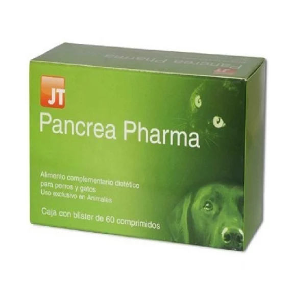 JT-Pancrea Pharma е додаток во исхраната кој придонесува за подобрување на асимилацијата на храната. Можете да го додадете во вообичаената исхрана на вашето домашно милениче куче или мачка. Многу е корисен за животни во напредна возраст кои имаат слаба апсорпција на храна. Се препорачува и на оние кои имаат дигестивни состојби како што се: халитоза, дијареа, ендокриниот панкреатитис, хронични кожни заболувања, надуеност, панкреасна инсуфициенција или копрофагија. Содржи амилаза која помага во разградувањето на шеќерите за да се апсорбираат од цревата. Исто така и липазата која помага дури и во разградувањето на мастите. Протеаза која помага во разградувањето и апсорпцијата на протеините.